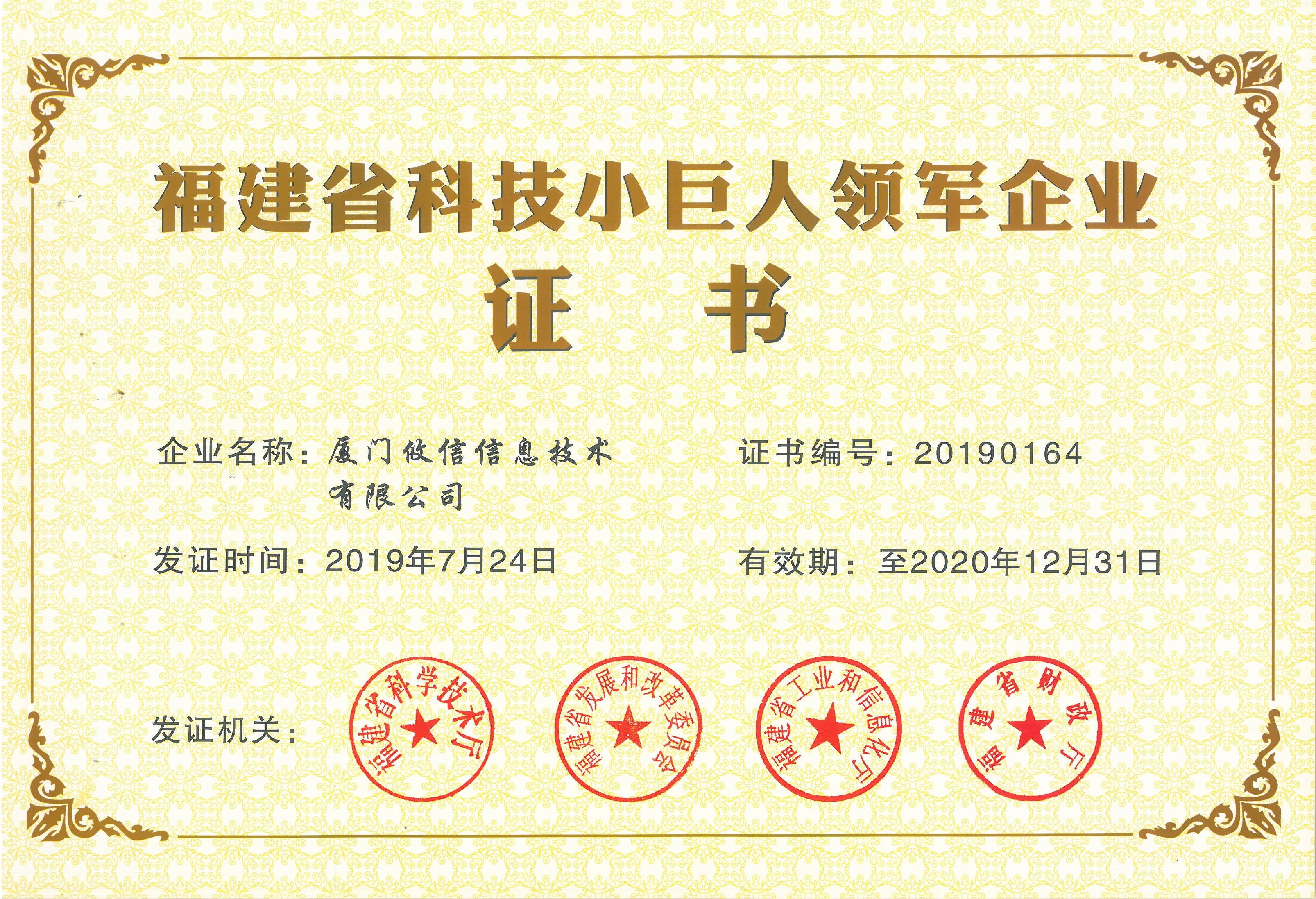 福建省科技小巨人领军企业证书